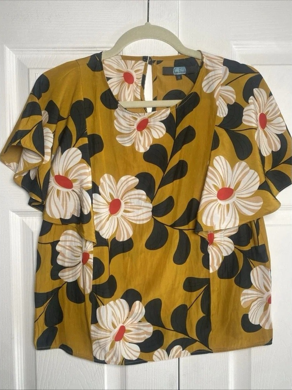 Eva Franco Mustard Floral Ruffle Sleeve Blouse with Red Centers